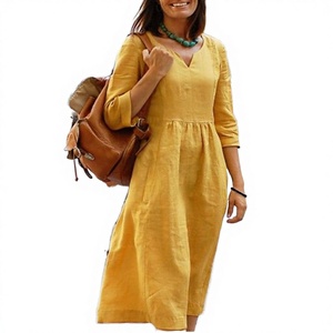 Vestido Midi de Algodón y Lino Tejido Estampado, Casual, Otoñal, Talla Grande, Lavable y Ecológico, para Mujer, 5XL - Product Image 3