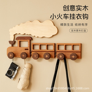Perchero de pared de madera con forma de tren y ganchos para recibidor, organizador de abrigos y sombreros para habitación infantil - Product Image 3