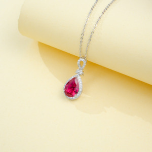 Elegant Pear-Shaped Ruby Necklace, Lab Created Center <b>Stone</b> with Halo Pendant in 925 Silver - Product Image 3