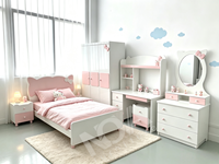 Ensemble de chambre d'enfant rose avec nœud papillon et puzzle bleu, suite complète pour chambre d'enfant avec lit, armoire, bureau, table de chevet pour garçons et filles