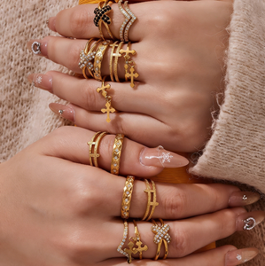 Stainless Steel Black White Zircon <b>Ring</b> Multi Layer Cross <b>Ring</b> Combination Jewelry <b>Set</b> - Product Image 1