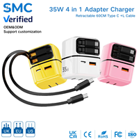 Chargeur mural multi-appareils 4 en 1 35W GaN avec deux câbles rétractables pour téléphones portables, vente en gros, ODM, logo personnalisé