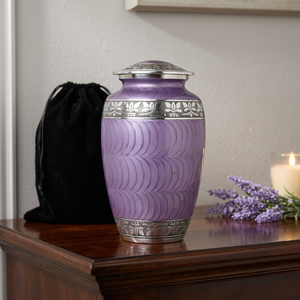 Urne funéraire violette 200 pouces cubes taille adulte, bordure argentée, motif festonné, écologique, biodégradable, décorative - Product Image 2