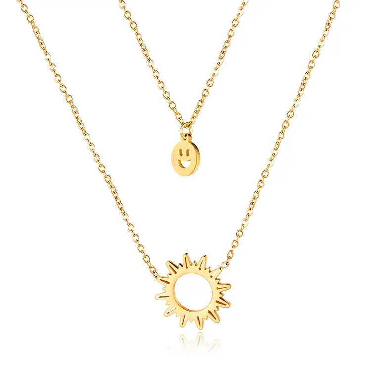 Women's Jewelry Wholesale Stainless Steel Sun Charm Double Layer 18K Gold Necklaces