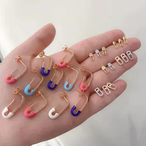 Neon Enamel Safety Pin Stud Earring Gold Color U-Shaped Micro Pave Clear CZ Rainbow Black Earrings Lady Hot Selling Jewelry