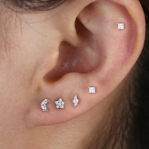 Tiny Minimal Stud 925 Sterling Silver Small lightning Moon Star Mini <strong>Second</strong> Stud <strong>Earring</strong> - Product Image 4