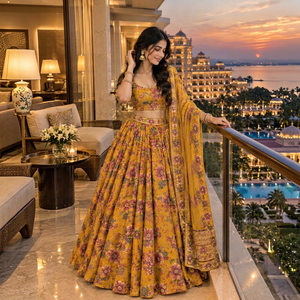 <b>Women</b> Mustard Yellow Floral Print 100% Silk <b>Short</b> Top Lehenga Choli <b>Set</b> with Dupatta Sequins Mirror Work Embroidery 3 Piece - Product Image 1