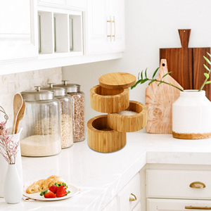 Bambú Triple Salero 3 Tier Cocina Pimienta Caja de almacenamiento con tapas giratorias magnéticas - Product Image 3