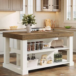 SENYU Wood Kitchen Island <b>Table</b> with Rustic Top and White Base, Multi-Functional Storage Shelf for Modern Kitchen - Product Image 1