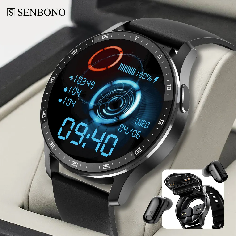 SENBONO X7 Smartwatch Herren Blue Tooth Headset Uhr 2 in 1 HD Touchscreen Herzfrequenz test Musik Smartwatch mit Ohrhörern