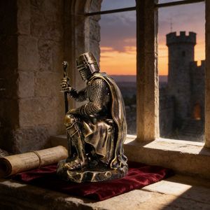 Statuetta di Cavaliere Templare Inginocchiato in Resina Effetto Bronzo Antico, Statua di Guerriero Medievale in Armatura per Decorazione da Scrivania e Regalo - Product Image 5