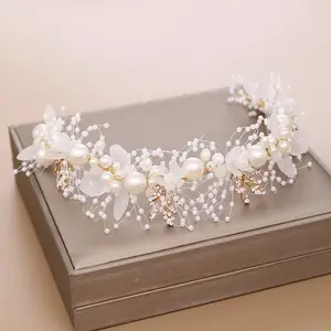 Wholesale Handwoven Bride Flowers Pearl Hair Band Floral Leaf Beaded Headband Wristband Bridal Hair Accessories
