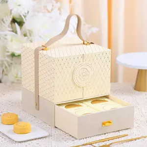 Fancy Printed Moon Cake Box Caja de regalo de embalaje de Mooncake de lujo reciclado de alta calidad con asa