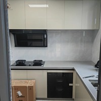 XINGRUO Armoires de cuisine modernes minimalistes sans poignées, ensemble d'armoires de cuisine modulaires blancs et gris avec plan de travail en marbre