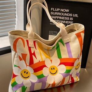 GENTLE WOMAN Fashion Rainbow Print Canvas Tote Bag Off White Green Orange Purple Letter Pocket Shoulder Bag Everyday Use - Product Image 1