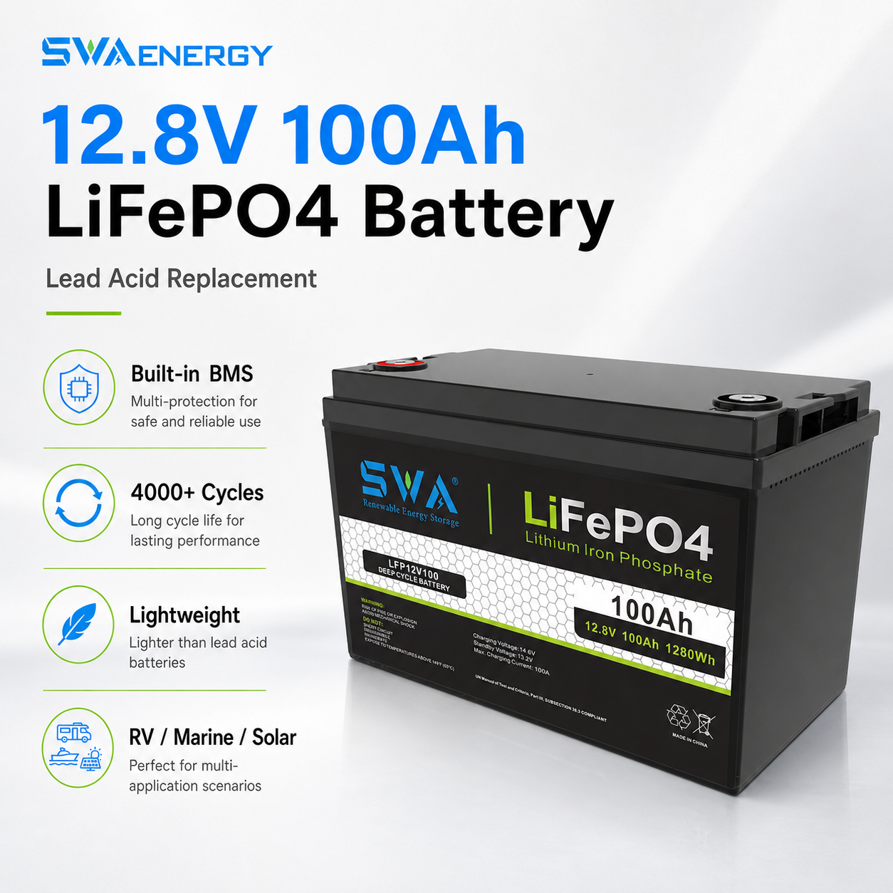 12.8V 100Ah 200Ah <strong>LiFePO4</strong> Lithium Ion <strong>Battery</strong> Pack Home Appliances IP65 <strong>Small</strong> Size Long Life Replaces <strong>Lead</strong>-<strong>Acid</strong> <strong>Batteries</strong>