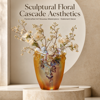 Vase en verre givré ambre avec applique florale 3D, vase floral haut iridescent, décoration d'intérieur, centre de table pour salon, mariage