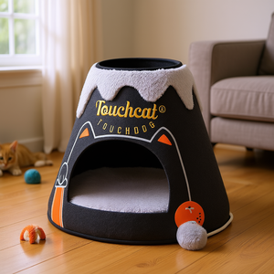 Coussin pour chat triangulaire Touchcat avec jouet, noir et blanc, fausse fourrure, intérieur, toutes saisons, amovible, lavable - Product Image 2