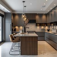 Meubles de cuisine modernes de haute qualité, sur mesure, en bois massif, placage naturel, structure en acier inoxydable avec accessoires d'évier pour villas