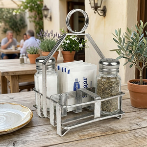Restaurant Condiment Rack With Salt Pepper Shakers And Sugar Pack Holder Standing Type Rectangle Metal <b>Basket</b> For <b>Table</b> Use - Product Image 1