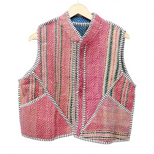 Chaleco de Verano para Mujer, Hecho a Mano, Ecológico, con Botones de Patchwork Kantha, Multicolor, Corto, Vintage, Cuello en V, Transpirable, de Algodón - Product Image 1