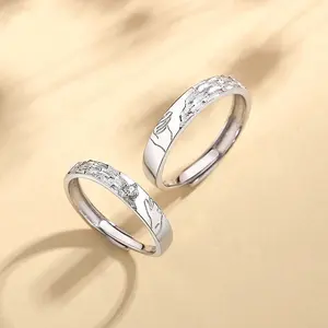 Ins Jewellery Holding Hand 925 Sterling Silver White Gold Plated Adjustable Couple Ring For Lover