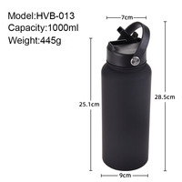 Bouteille d'eau isotherme en acier inoxydable de 1000 ml, anti-fuite, sans BPA, avec couvercle à paille rabattable et poignée, noire, pour le sport et les activités de plein air
