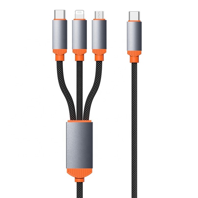PD 5A Fast Charging 3-in-1 Multi-Use Shielded Nylon Data Cable Type-C Male Micro-USB Lighting USB for Android Mobile Phones Car
