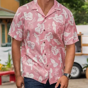 Yaz baskılı erkek gömlek rahat kısa kollu Hawaiian pembe desen Aloha gömlek