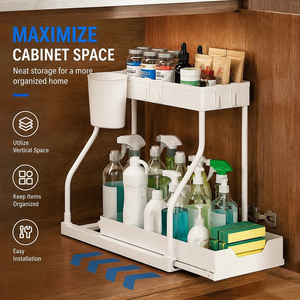 Organisateur de rangement moderne en plastique à double niveau avec tiroir coulissant et crochets, pour comptoir et armoire, en stock en Pologne, livraison directe UE - Product Image 4