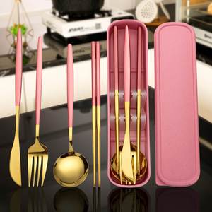 Ensemble de couverts portables en acier inoxydable de haute qualité avec logo personnalisé, couteau, fourchette, cuillère, baguettes dorées, moderne pour étudiants et bureau - Product Image 1