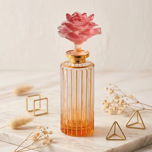 Cylinder Glass Perfume <b>Bottle</b> With <b>Pink</b> Rose Cap Orange Tinted Striped Design - Product Image 2