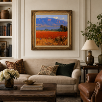 Pintura al Óleo Original Vintage Impresionista de Paisaje, Montaña Azul y Campo Rojo, con Marco de Madera, Arte de Pared para Hotel, Villa, Sala de Estar