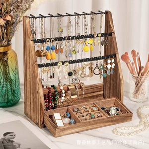 Wooden Jewelry Storage Rack <b>Earring</b> Holder Solid Wood Retro Style Jewelry Organizer Display Stand With Drawer For Necklace Ring - Product Image 1