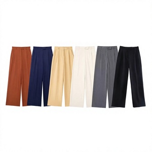 Pantalon large plissé taille haute pour femme, couleur unie, coupe ample, longueur complète, en tissu crêpe, style minimaliste automne - Product Image 3