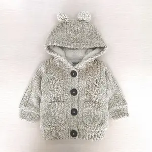 HDK2127 Kardigan Rajut Bayi Kabel Uniseks, Sweater Berkerudung Bayi Baru Lahir Jaket Mantel Bulu Domba Berbaris Musim Dingin
