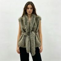 Gilet en fausse fourrure pour femme, col cranté, couleur personnalisée, ceinture à la taille, sans manches, duveteux, pour l'hiver