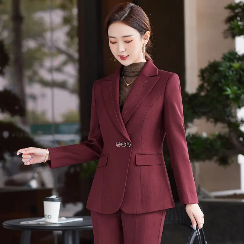 OEM Drop Ship 2 Piece Set Sólido Formal Calça Terno para Senhoras Do Escritório Blazer Mulheres Jaqueta e Calças Primavera Ternos de Negócios Baratos