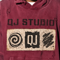 Ensemble de sweat-shirts à capuche en molleton épais de couleur rouge foncé délavé à l'acide, déchiré, surdimensionné, avec application hip-hop, marque privée