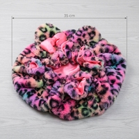 Grand bonnet en peluche imprimé léopard de 35 cm, doublé de satin, pour femme, avec oreilles d'animaux mignonnes en fausse fourrure, protection capillaire et nœud