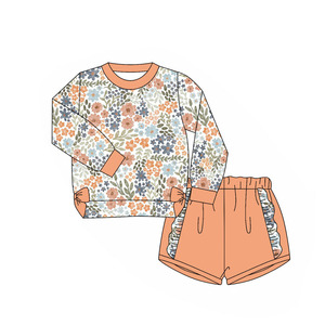 Preorder Sports Kids Toddler Girls Fall Flowers Long Sleeve Tops <strong>Ruffle</strong> <strong>Shorts</strong> Fall Bottoms Sports Outfits Sets Clothes - Product Image 6