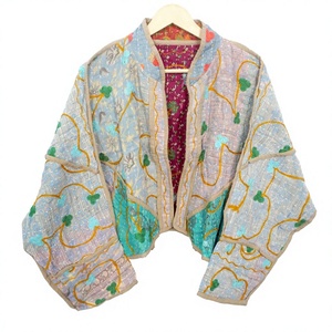 Vintage Quilted Kantha <b>Jackets</b> 100% Cotton Eco-Friendly Reversible Quick Dry <b>Mandarin</b> <b>Collar</b> Customizable Open Closure Detail - Product Image 1