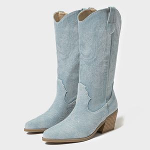 Denim Bottes En Cuir Femme Denim Blue Chunky <b>Heel</b> Ankle Shoes Boots for Women and Ladies - Product Image 6