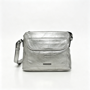 <b>Silver</b> Metallic Leather Crossbody <b>Bag</b> Adjustable Strap Front Pocket Casual Shoulder Purse - Product Image 1