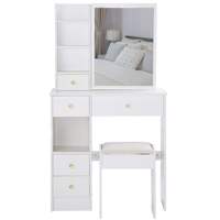 Table de maquillage moderne à grande capacité avec panneau en pin, tabouret rembourré, et rangement coulissant extra large pour chambre à coucher