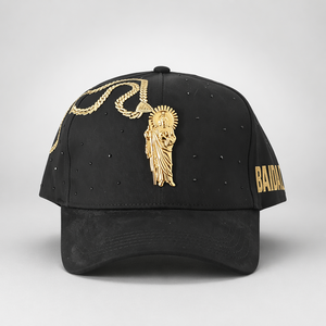 Cappellino da Baseball Nero Lavato a 5 Pannelli con Strisce, Grande Distintivo in Metallo Dorato di San Giuda Ricamato, Catena e Piccoli Strass, Traspirante, Impermeabile, Stile Hip-Hop - Product Image 1