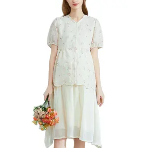 女性孕妇装两件套设计短袖v领棉花刺绣Midi连衣裙