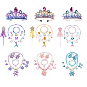Accesorios DE CORONA DE princesa de Halloween, collar de Tiara para niña, pendientes, conjunto de pulsera, disfraces de sirenita, joyas de vestir