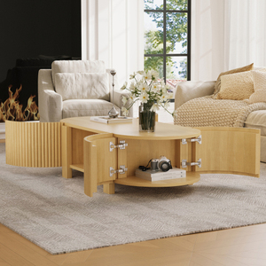 Modern Decorative Oval Fluted Coffee Table with Storage for Living Room <b>Solid</b> <b>Wood</b> 1 Shelf & 2 Open Storage Doors - Product Image 2