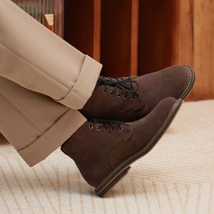 Bottes en daim à bout carré en cuir véritable style rétro britannique Americana, à semelle épaisse, à lacets, antidérapantes, respirantes, légères, patchwork - Product Image 2